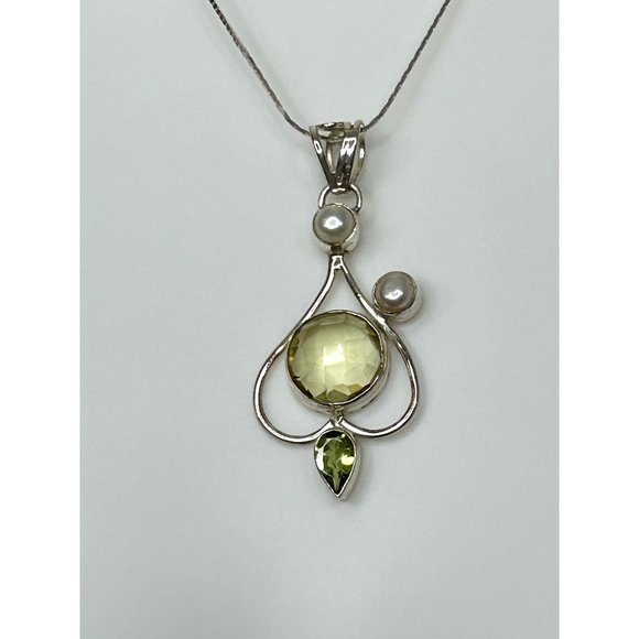 Women’s Pendant Necklace Italy Peridot Pearl S925 Sterling Silver 18” Vintage - Picture 6 of 17
